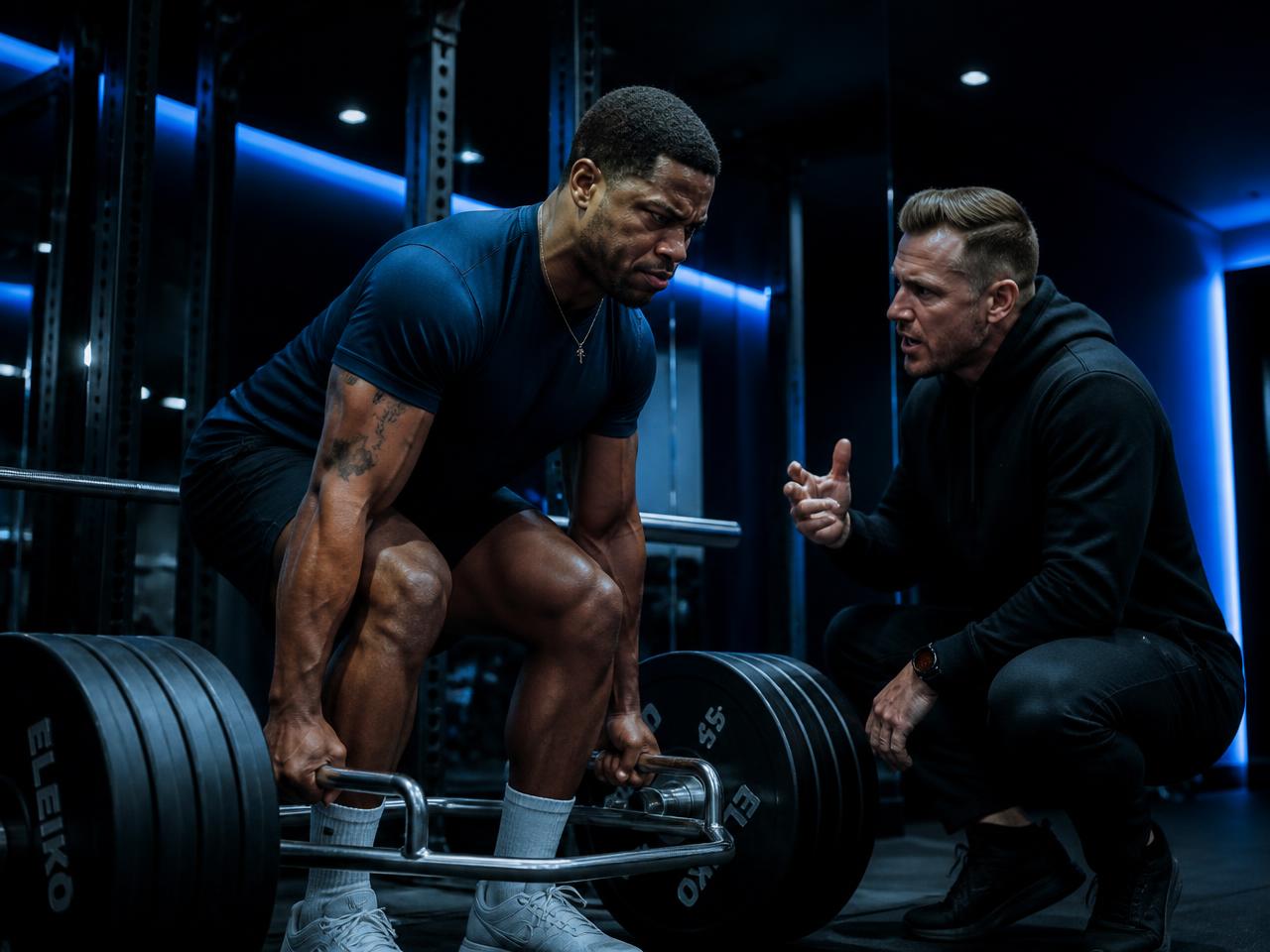 Coach guiding an athlete through a trap bar deadlift in a private gym